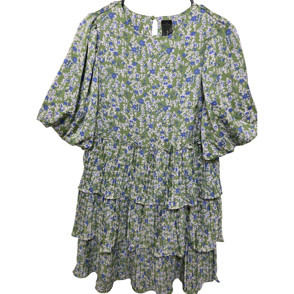 Code Mode Green Floral Tiered Ruffle Fary Tale Dress Puff Sleeves Size S